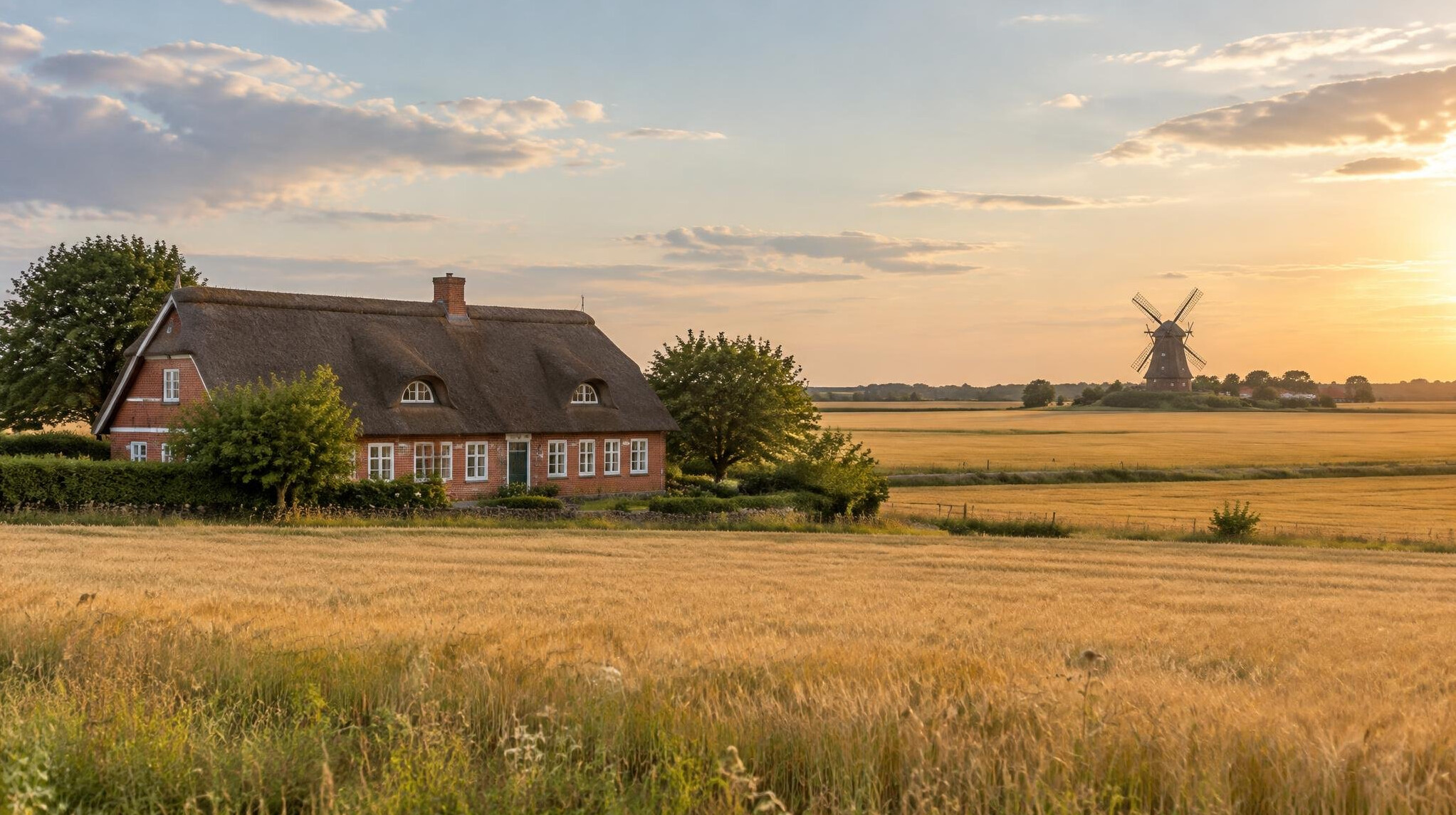 Danish countryside with a farmhouse, open fields and a windmill