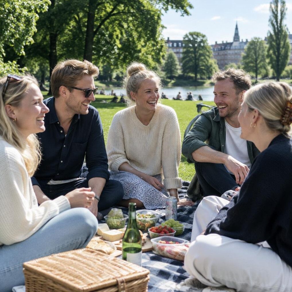 Group of friends having a picnic together in a park