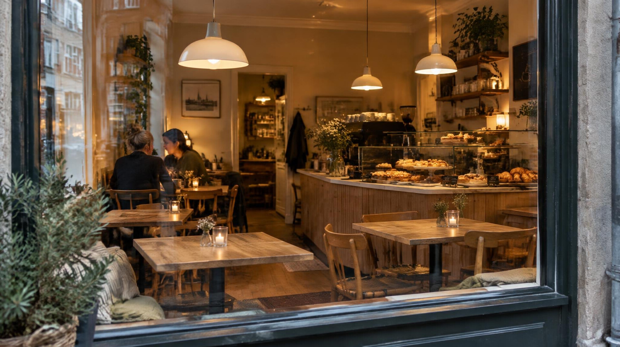 Cosy Danish cafe interior seen through a large window
