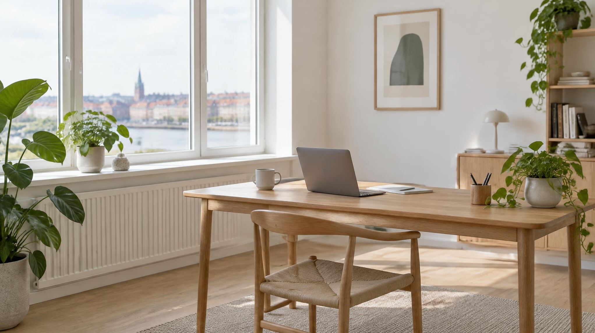 Bright Danish office space with plants near a window