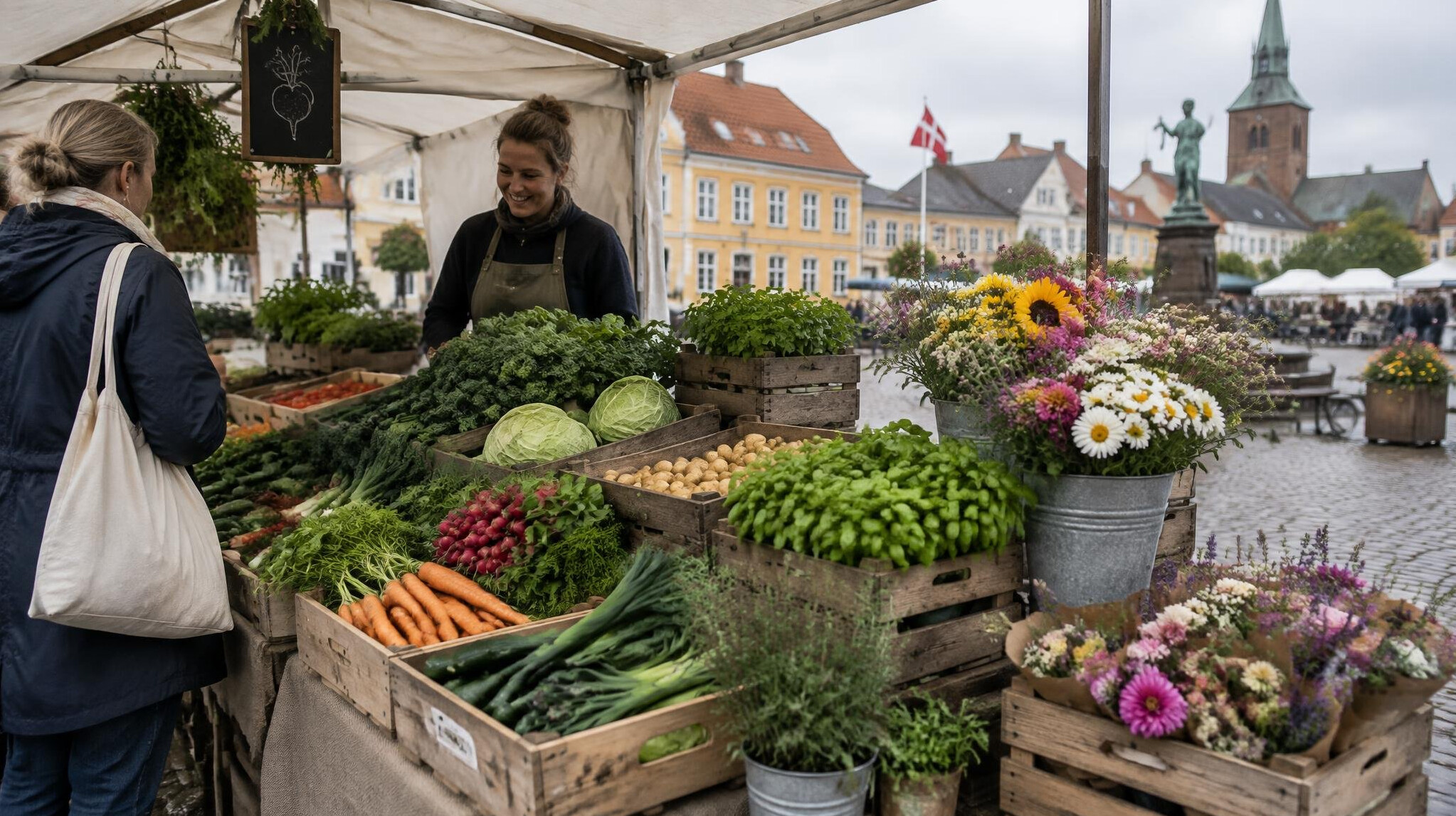 Local Danish farmers market stall with fresh vegetables and flowers