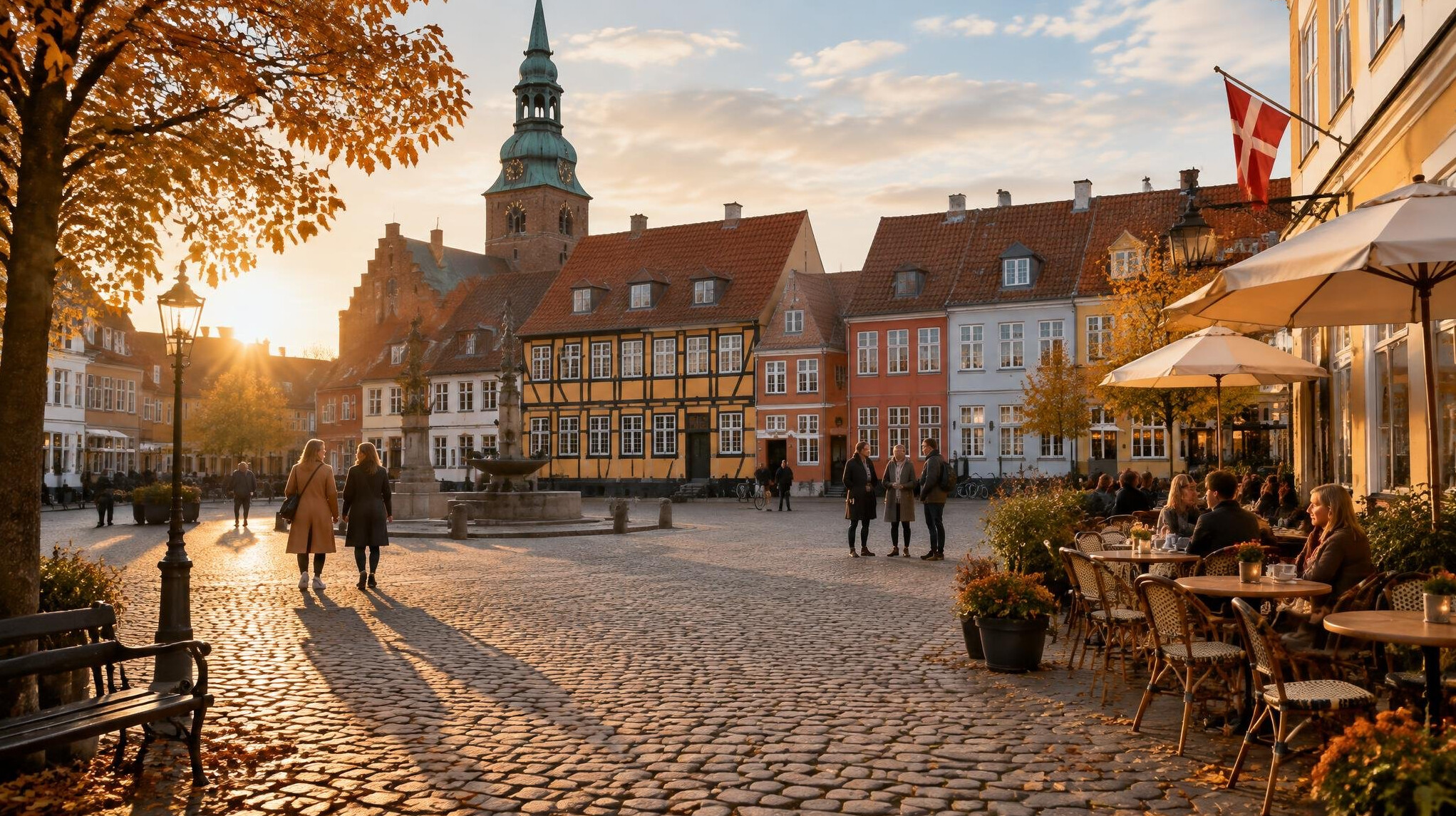Danish town square with people walking on an autumn afternoon